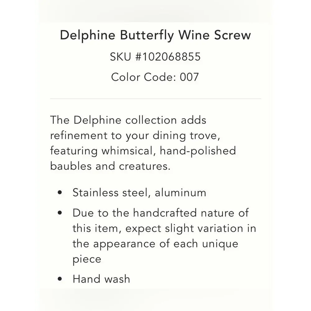 Anthropologie Delphine Butterfly Wine Screw Corkscrew Bottle Opener Pearls